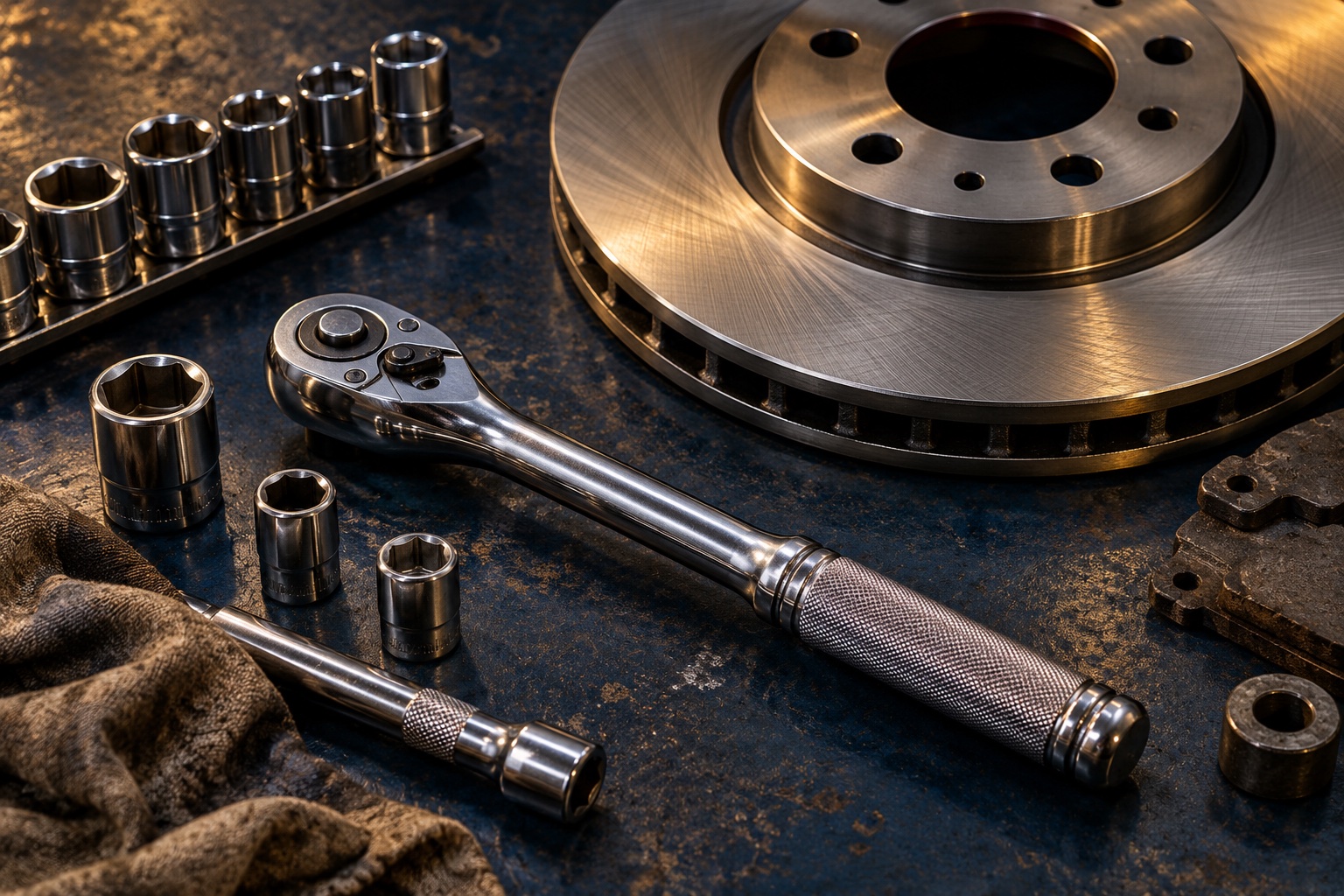 Illustrative close-up of a ratchet, sockets and brake rotor on a navy surface